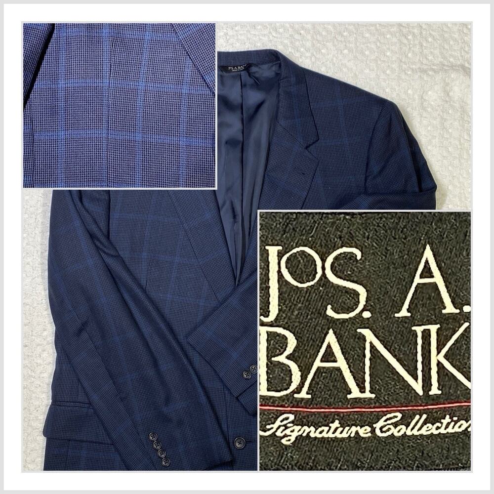 Jos A Bank‎ Men Size 48L Navy & Black Window pane Plaid 3%Linen 43%Wool Blazer